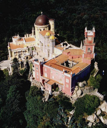 Palace of Pena in Sintra, over big mountain top rocks,